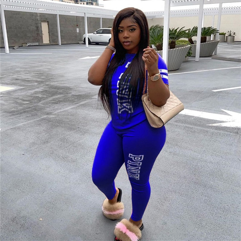 Casual 2 Piece Set Plus Size Women Tracksuit 3xl Pink Letter Print Tops + Biker Shorts Matching Sets Streetwear Outfits 3XL