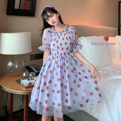 Strawberry Dress Women French Style Lace Chiffon Sweet Dress Casual Puff Sleeve Elegant Printed Kawaii Dress Women