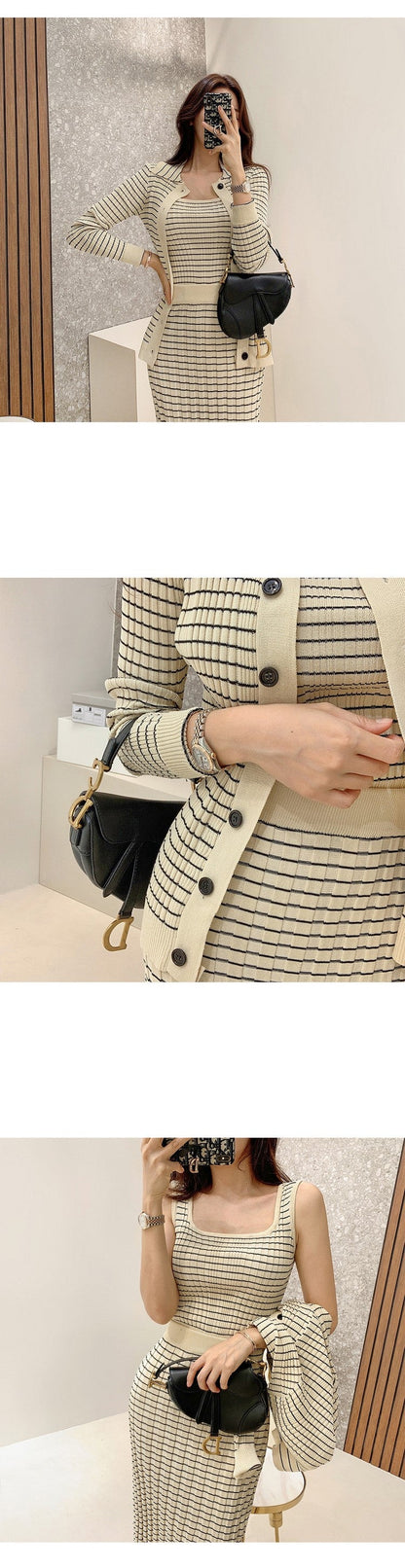 Korean Knitting 3 Pieces Set Women Knitted Sling + Cardigan And Pencil Skirts Casual Simple Office Lady Skirt Suit