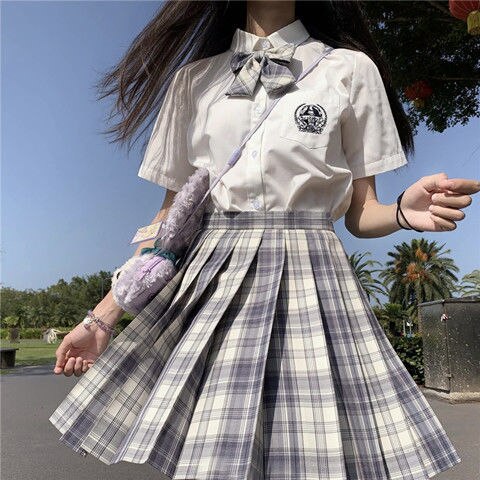 Student Dress Sweet Cute Pleated Skirt Girl's Summer High Waist Purple Plaid Mini Skirts Women JK Uniforms School