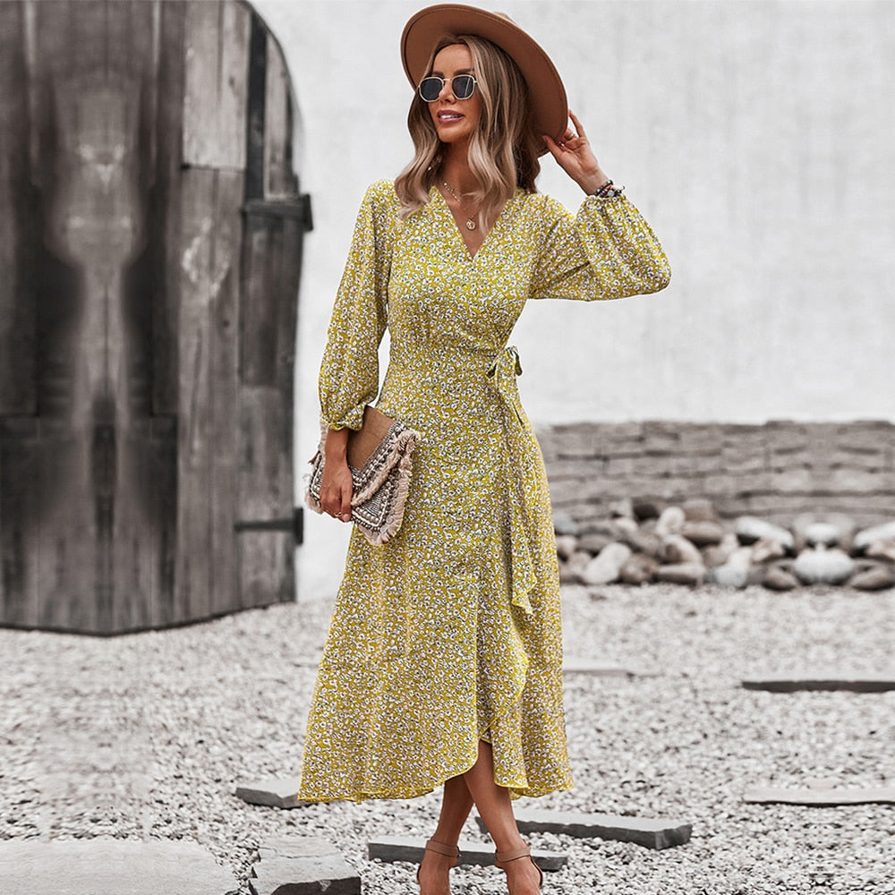 Spring Autumn Long Bandage Print Dress For Women V Neck Full Sleeve Hight Waist Winter Maxi Dresses Ladies Elegant