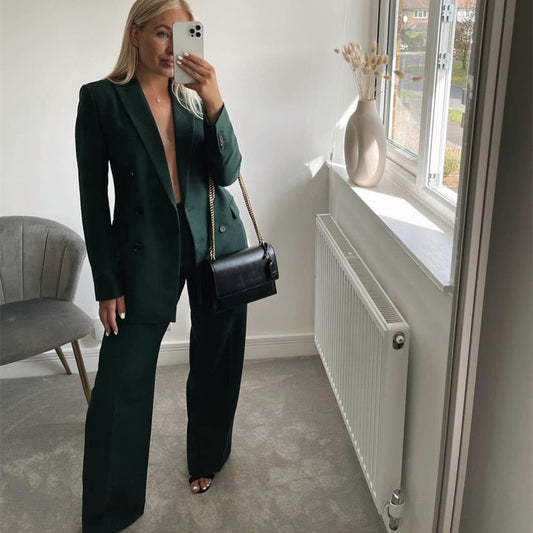 Woman Elegant Dark Green Straight Blazer Suits Autumn Female Solid Basic Matching Set Ladies Medium Waisted Pants Suit