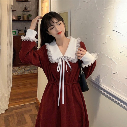 Vintage Dress Women Sweet Lace Peter Pan Collar French Elegant Long Sleeve Lace-Up Fairy One Piece Dress Korean Autumn Chic