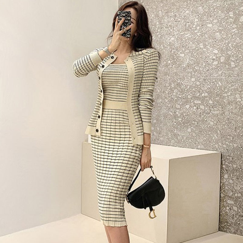 Korean Knitting 3 Pieces Set Women Knitted Sling + Cardigan And Pencil Skirts Casual Simple Office Lady Skirt Suit