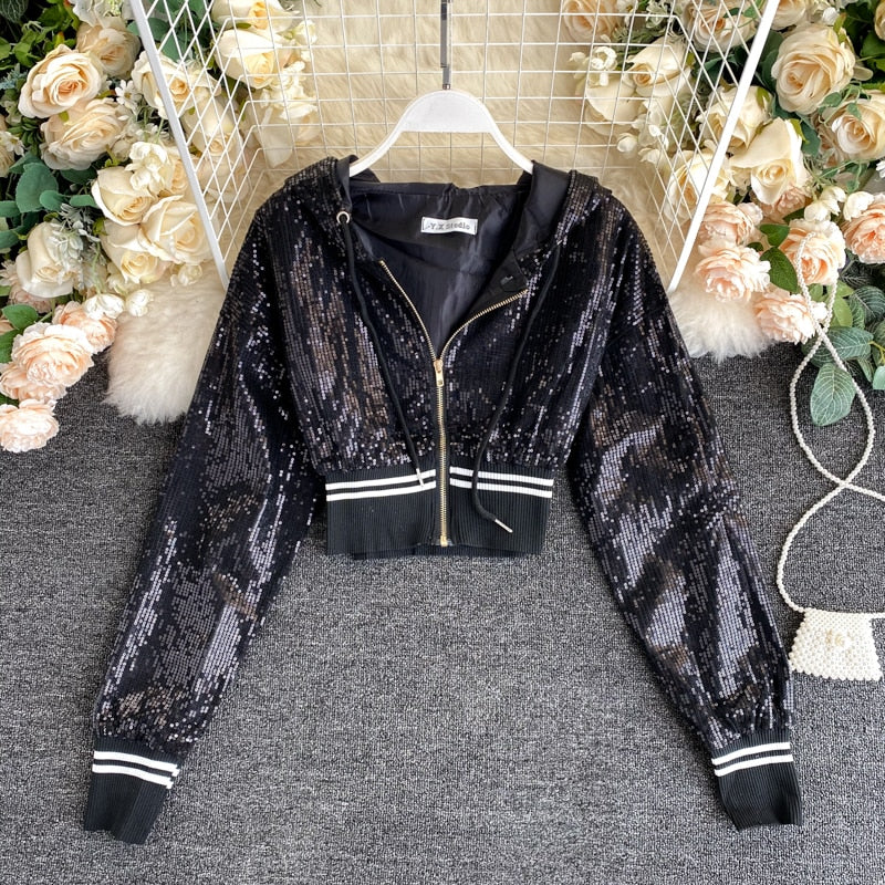 Bling Bling Sequined Short Design Summer Jacket Women Chic Hooded Bolds Sequines Jacket