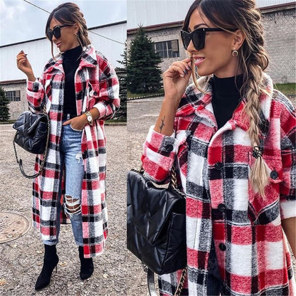 Women's Coat Spring Summer Long Sleeve Red Plaid Jacket Women Lapel Single Breasted Cardigan Coat Turndown Collar Women Coat