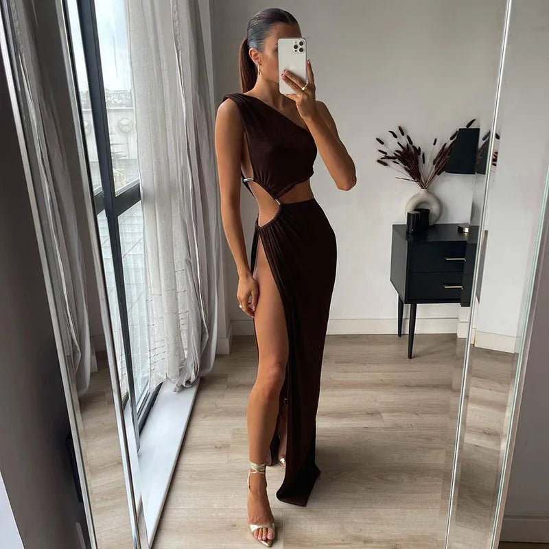 Summer Women Sexy Hollow Out Maxi Dress Spring Solid Sleeveless Split Dress One Shoulder High Waist Bodycon Party Female