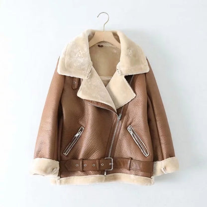 Ailegogo Winter Coats Women Thickness Faux Leather Fur Sheepskin Female Fur Leather Jacket Aviator Outwear Casaco Feminino