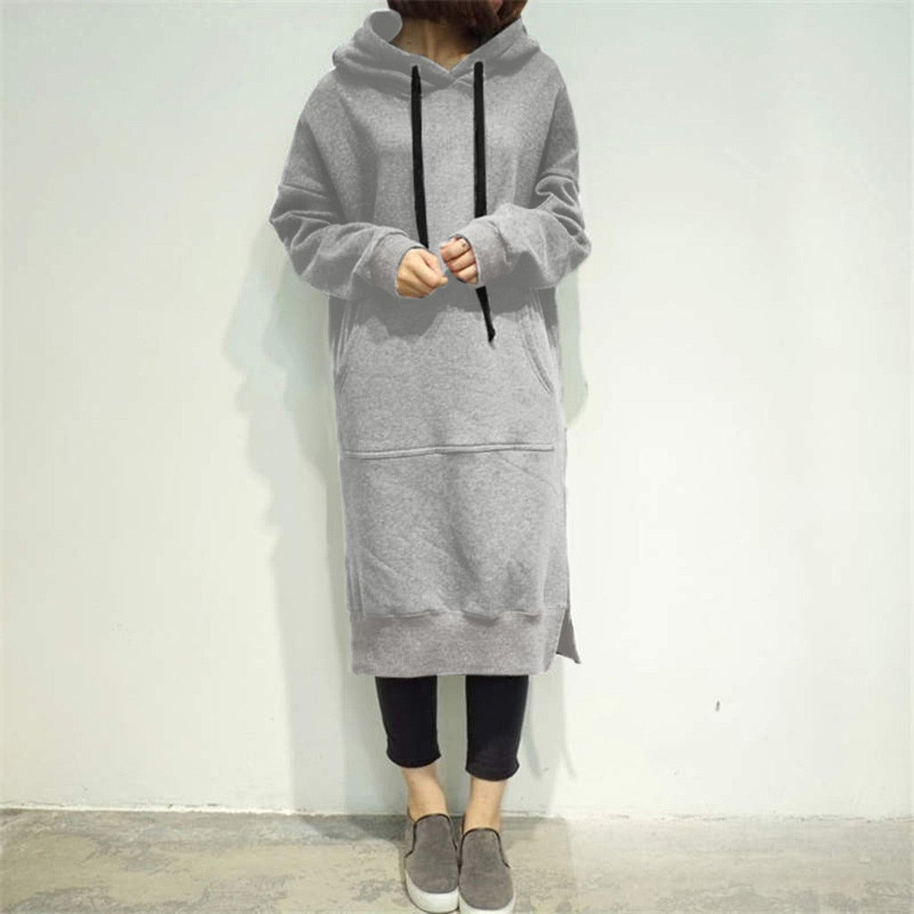 Women Loose Long Hoodie Casual Solid Color Hooded Sweatshirts Student's Autumn Winter Baggy Pullover Oversized Sweatshirt Dress