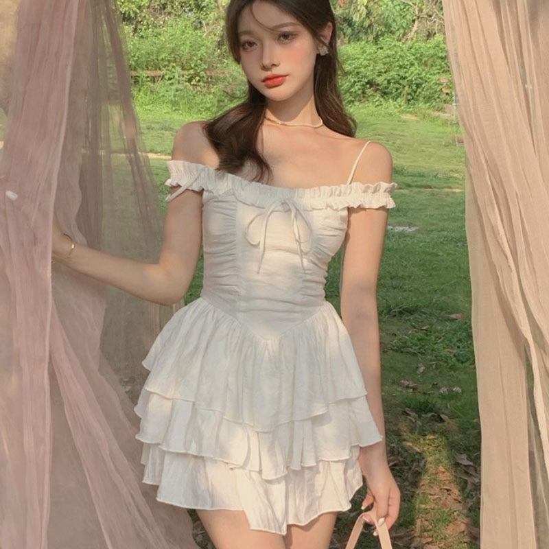 Summer Kawaii Party Strap Dress Women Casual Holiday Beach Sexy Mini  Dress Designer Ruffles Sweet Princess Fairy Dress Y2K