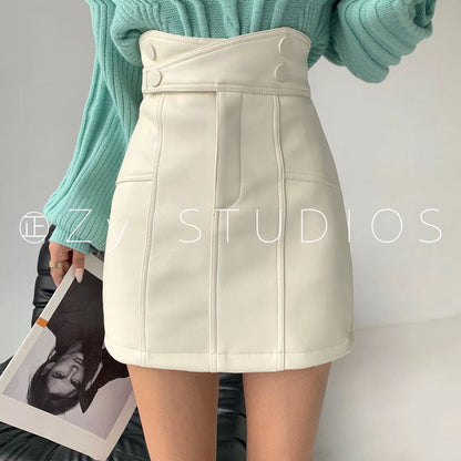 Autumn winter short PU leather skirt women Japanese black high waist pocket pleated JK skirt girls Harajuku style mini skirt