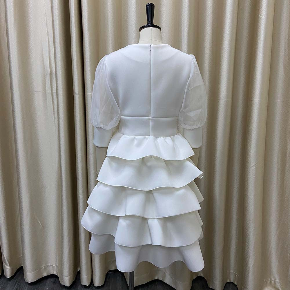 Women White Cake Dresses  Bubble Lantern Sleeves Patchwork Party Fashion Lovely Celebrate Occasion Event Lolita Female Robes New dingdamall mid size graduation outfit romantic style teen swag clean girl ideas 90s latina aesthetic