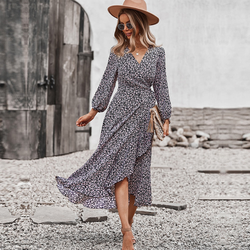 Spring Autumn Long Bandage Print Dress For Women V Neck Full Sleeve Hight Waist Winter Maxi Dresses Ladies Elegant