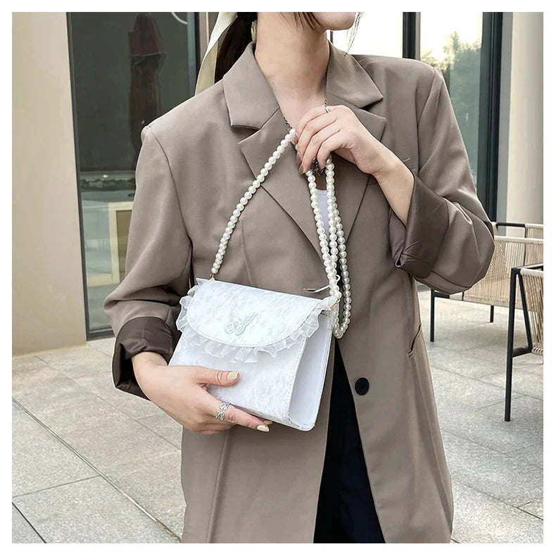 Retro Crossbody Bags for Women Vintage Lace Pearl Chain Ladies Small Square Shoulder Bag Female Clutch Purse Handbags Sac Femme