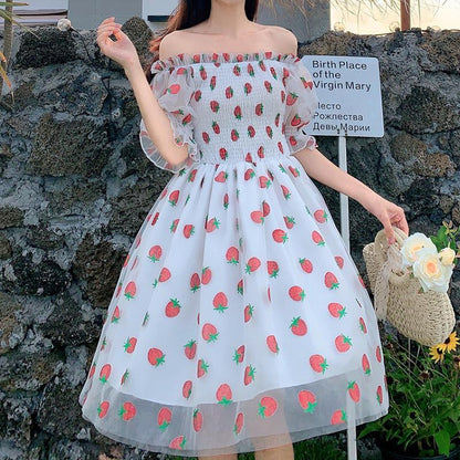 Strawberry Dress Women French Style Lace Chiffon Sweet Dress Casual Puff Sleeve Elegant Printed Kawaii Dress Women