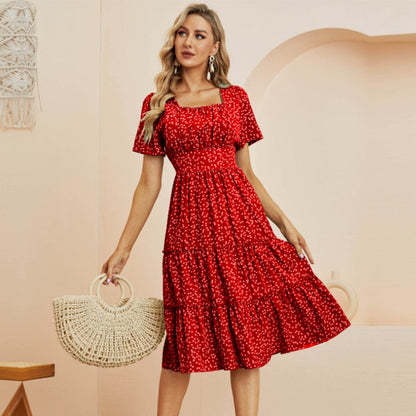 Summer Love Pattern Dot Print Dress Women Casual Short Sleeve Square Collar Ruffles Medium Long Chiffon Dress