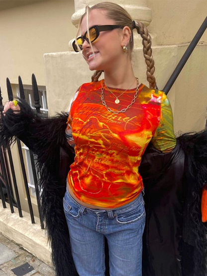 Y2K Fashion Sexy Slim-Fit T-Shirt Short Tie-Dye Print Street Style Top For Women Going Out Party Night Clubwear