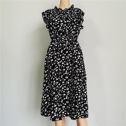 Summer Ladies Elegant Dot Print Chic Dress Women Butterfly Sleeve Ruffles Medium Long Chiffon Dress