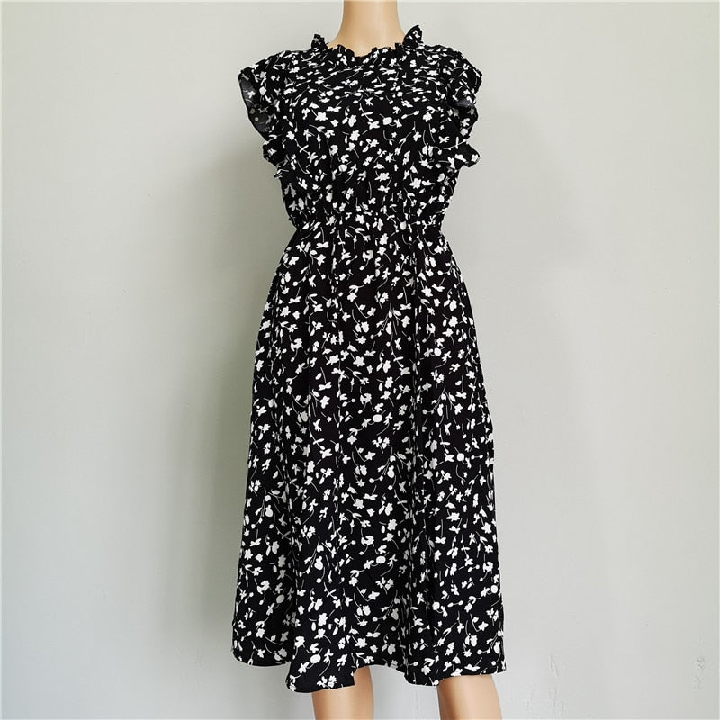 Summer Ladies Elegant Dot Print Chic Dress Women Butterfly Sleeve Ruffles Medium Long Chiffon Dress