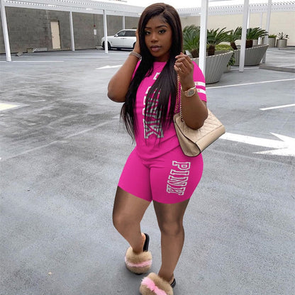 Casual 2 Piece Set Plus Size Women Tracksuit 3xl Pink Letter Print Tops + Biker Shorts Matching Sets Streetwear Outfits 3XL