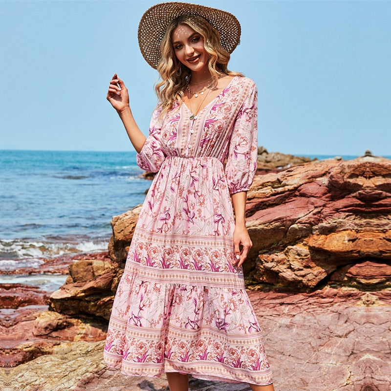 Spring Bohemia Floral Dress Women Casual V Neck High Waist Half Sleeve Fashion Print Summer Long Dress