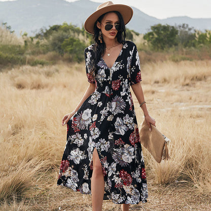 Spring Summer Long Floral Bandage Dress Women Sexy V Neck Slim High Waist Ladies A Line Print Maxi Dresses