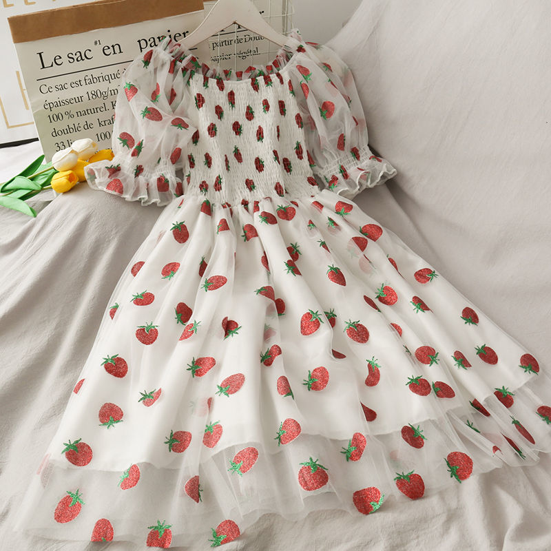 Strawberry Dress Women French Style Lace Chiffon Sweet Dress Casual Puff Sleeve Elegant Printed Kawaii Dress Women