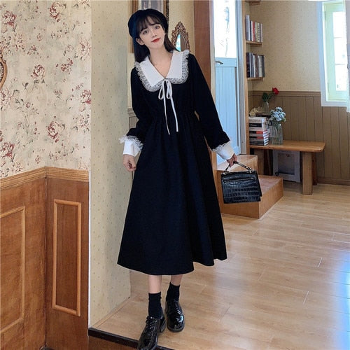 Vintage Dress Women Sweet Lace Peter Pan Collar French Elegant Long Sleeve Lace-Up Fairy One Piece Dress Korean Autumn Chic