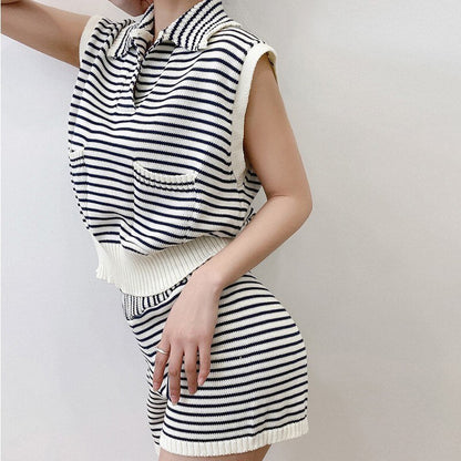 Genayooa Striped Kniited Two Piece Set Women Top And Shorts Casual Sleeveless 2 Piece Outfits For Women Summer Korean Fashion