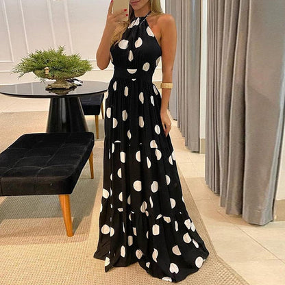 Summer Halter Sleeveless Long Dress Elegant Sexy Backless Lady Party Dress Women Casual Ruffle Polka Dot Beach Maxi Dresses