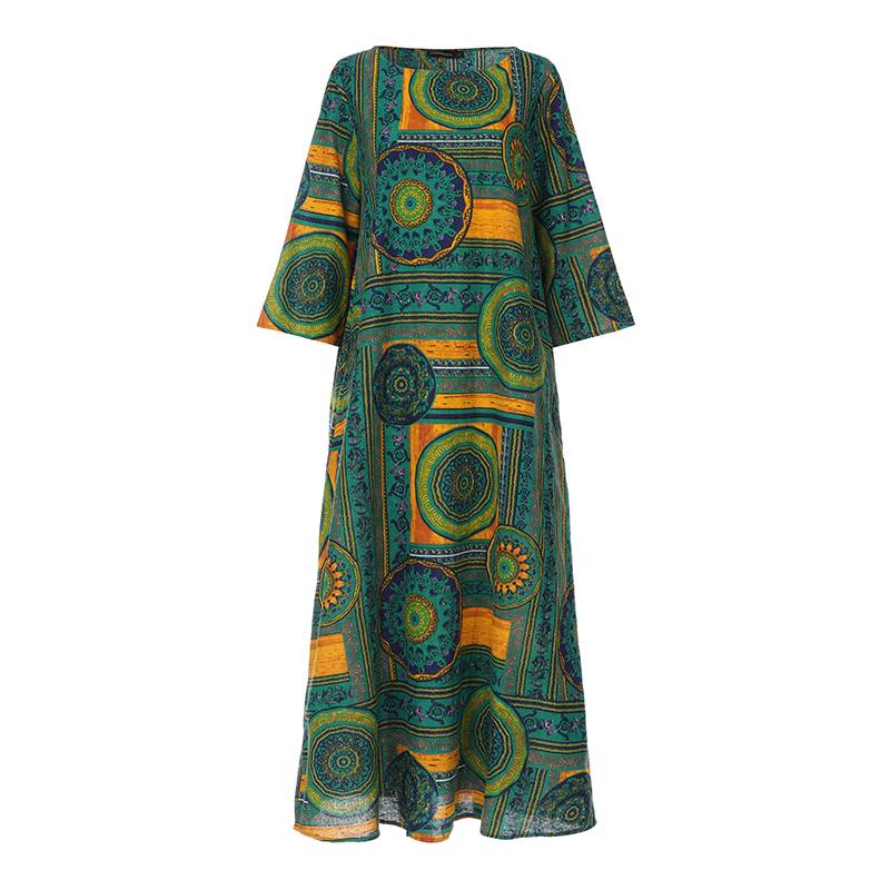 Women Summer Dress Bohemian Printed O-neck Vestidos Kaftan Robe Longue 3/4 Sleeves Casual Loose Party Maxi Dresses