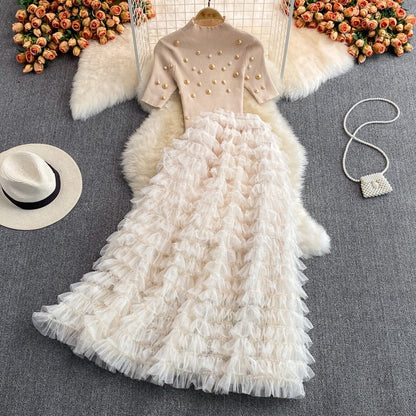 Autumn Winter Christmas Two Piece Knitted Sets Beading Stand Collar Short Sleeve Top + Ball Gown Skirt Woman Sets Suits M69521