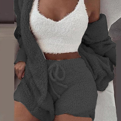 Three Piece Sexy Fluffy Outfits Plush Velvet Hooded Cardigan Coat+Shorts+Crop Top Women Tracksuit Sets Casual Sports Sweatshirt