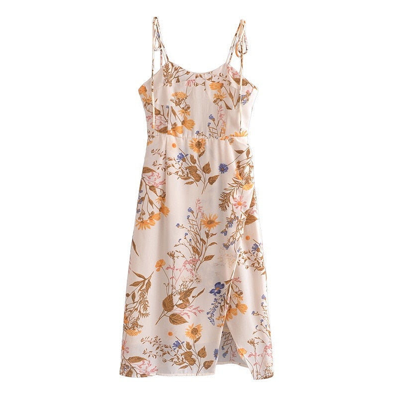 Vintage France Floral Print Adjust Lacing up Spaghetti Strap Midi Dress Sexy Women Elastic Back Hem Split Sling Dresses