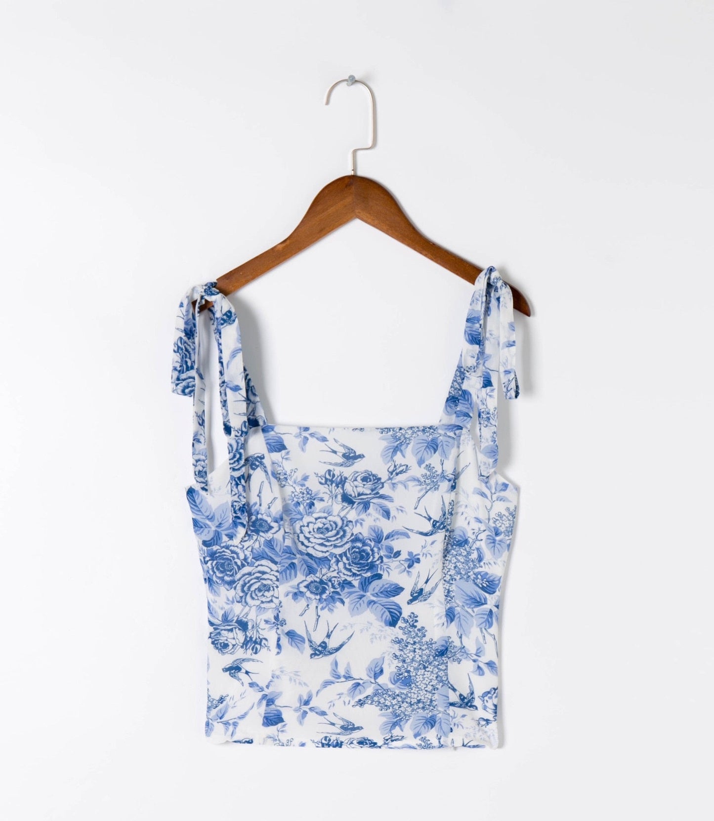 Adjust Bow Strap Blue White Floral Print Camis Women Summer Ruched Short Tank Tops Retro Cool Girl Sexy Slim Crop Top Tees