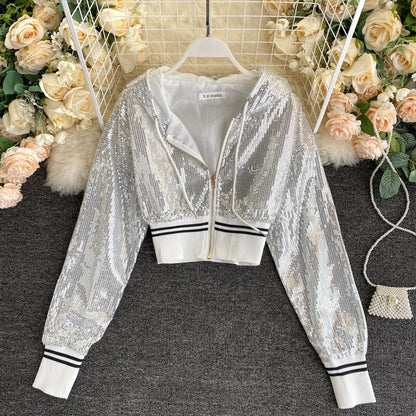 Bling Bling Sequined Short Design Summer Jacket Women Chic Hooded Bolds Sequines Jacket