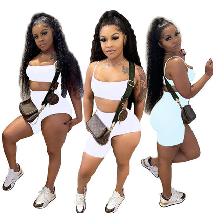 Echoine Solid Strap Spaghetti Crop Top Irregular Shorts Two Piece Set Summer Sport Tracksuit Matching Set Party Club Outfits