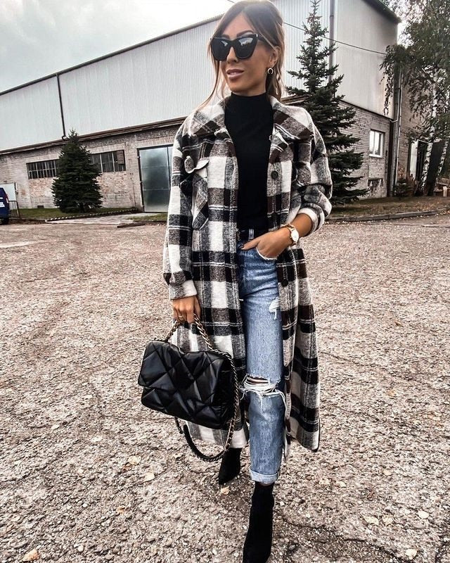 Women's Coat Spring Summer Long Sleeve Red Plaid Jacket Women Lapel Single Breasted Cardigan Coat Turndown Collar Women Coat