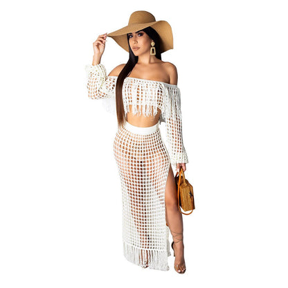 Sexy Crochet Beach Skirt Sets Slash neck Long Sleeve Crop Top and Split Long Skirts Women Tassel 2 Piece Summer Classic Outfit