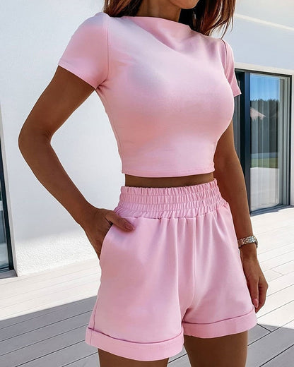 2 Piece Set Women Summer O-Neck Casual Crop Top Female Clothing Tracksuit Pockets Loose Shorts Two Piece