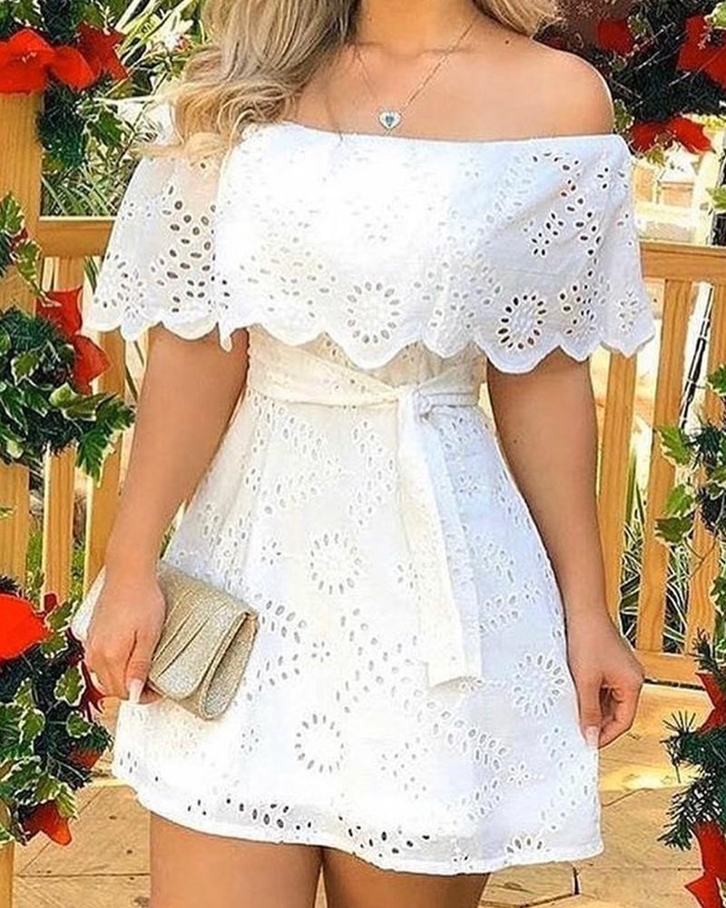 Summer Solid Off Shoulder Broderie Lace Mini White Mini Dress Skinny Bodycon With Sashes Sexy