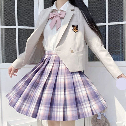 Student Dress Sweet Cute Pleated Skirt Girl's Summer High Waist Purple Plaid Mini Skirts Women JK Uniforms School