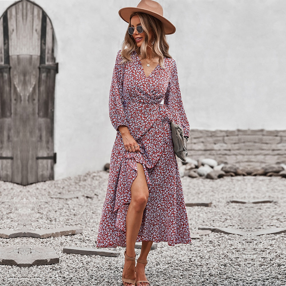 Spring Autumn Long Bandage Print Dress For Women V Neck Full Sleeve Hight Waist Winter Maxi Dresses Ladies Elegant