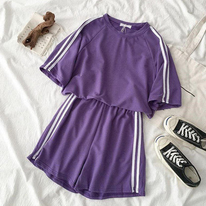 Summer Striped Tracksuit For Women Sets Short Sleeve T Shirt Two Piece Shorts Set Female Loose Casual Sport 2pc Sets Ladies