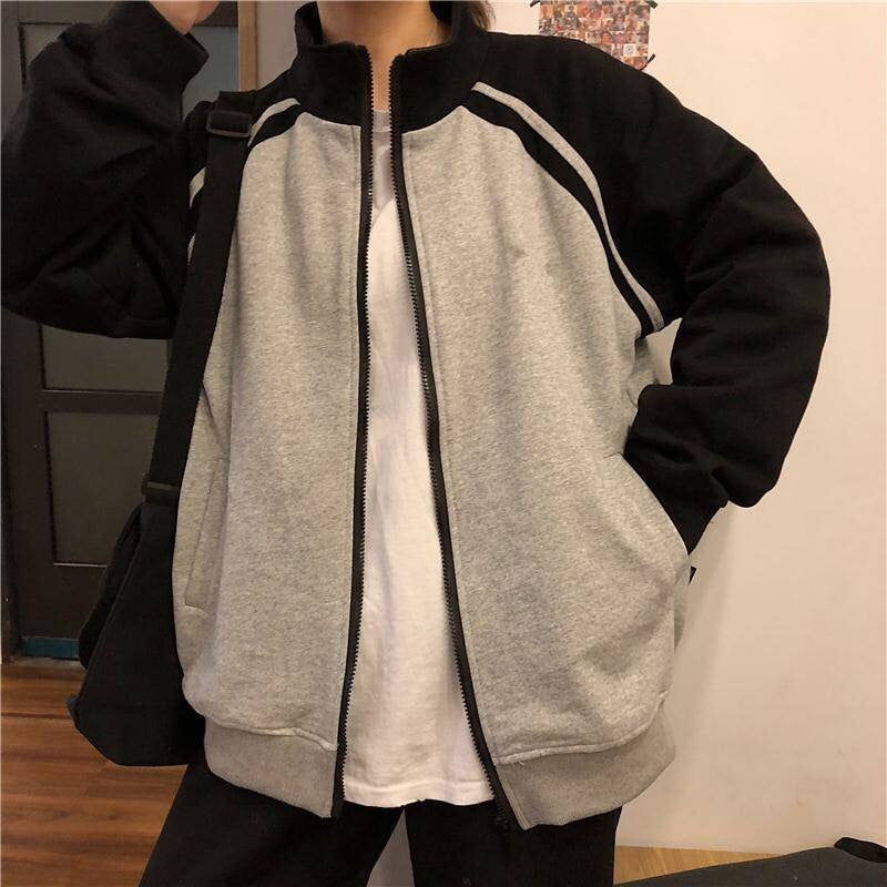 American streetwear jacket loose women's top fashion casual stitching jacket oversized jacket bear baseball uniform women