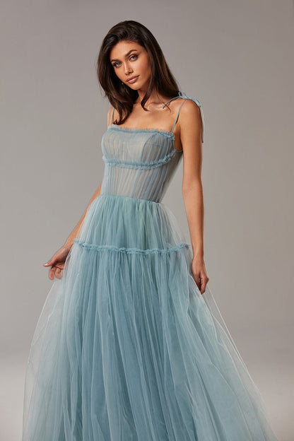 Blush Pink/Blue Long Prom Dresses Spaghetti Straps Tiered Skirt A-Line Party Dresses Ple