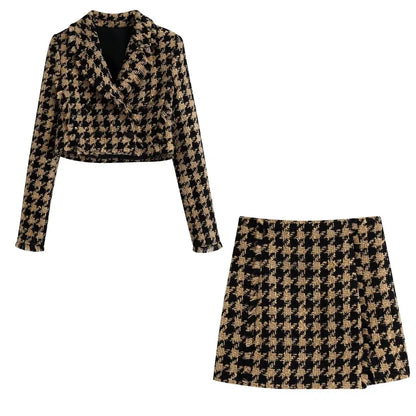 Tweed Women Two-piece Set Houndstooth Vintage Office Lady Short Blazer Female Casual Slim High Waist Skirt Suit