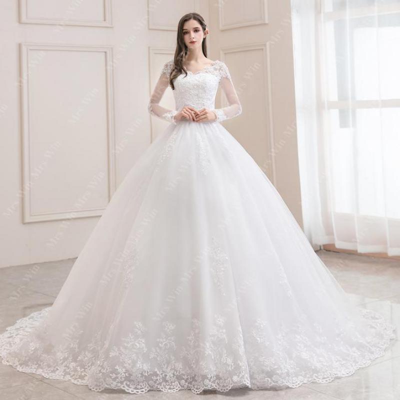 Wedding Dress Luxury Full Sleeve Sexy V-neck Bride Dress With Train Ball Gown Princess Classic Wedding Gowns