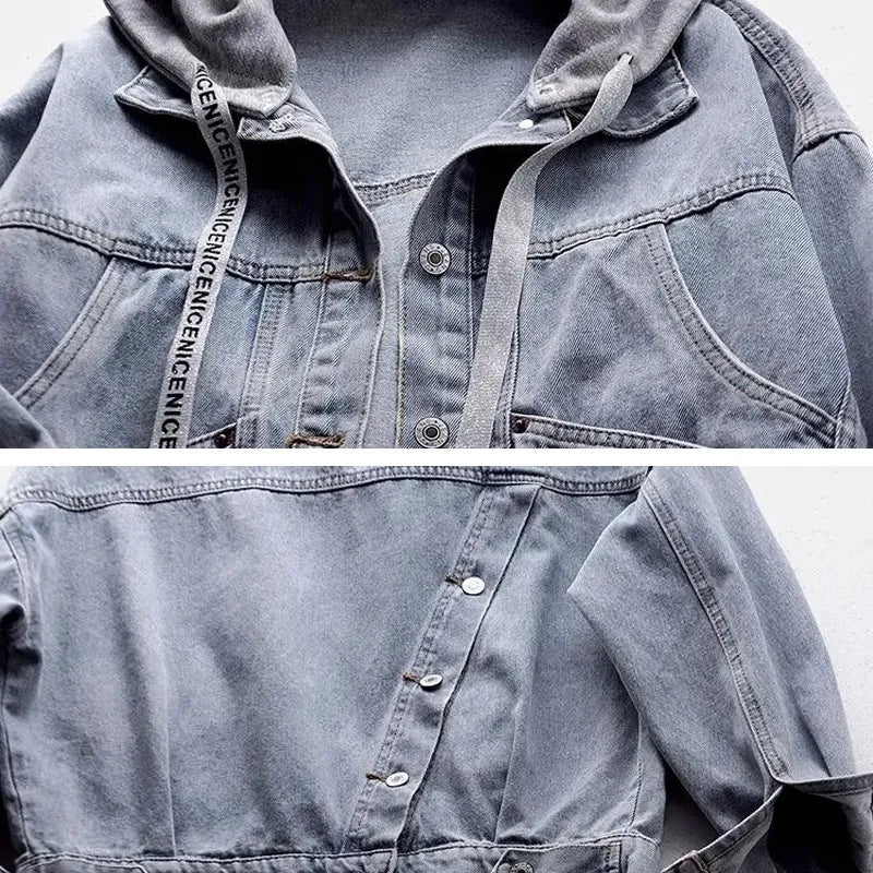 Blue Deconstructable Hooded Turn-down Collar Denim Jacket Women Loose Button Patchwork Outwear Jean Coat Female