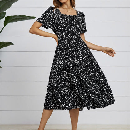 Summer Love Pattern Dot Print Dress Women Casual Short Sleeve Square Collar Ruffles Medium Long Chiffon Dress